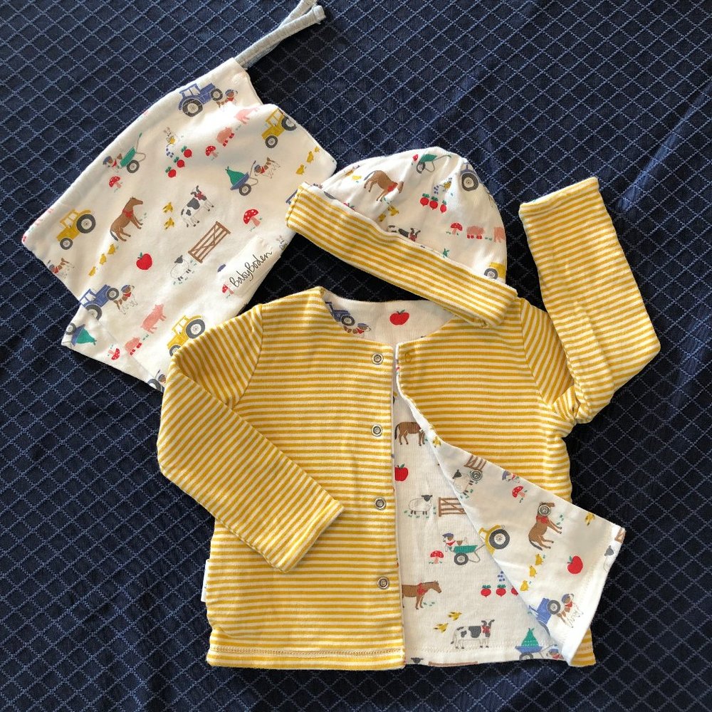BABY BODEN reversible jacket/shirt w/ matching hat & bag - Farm designs - 6-12mo